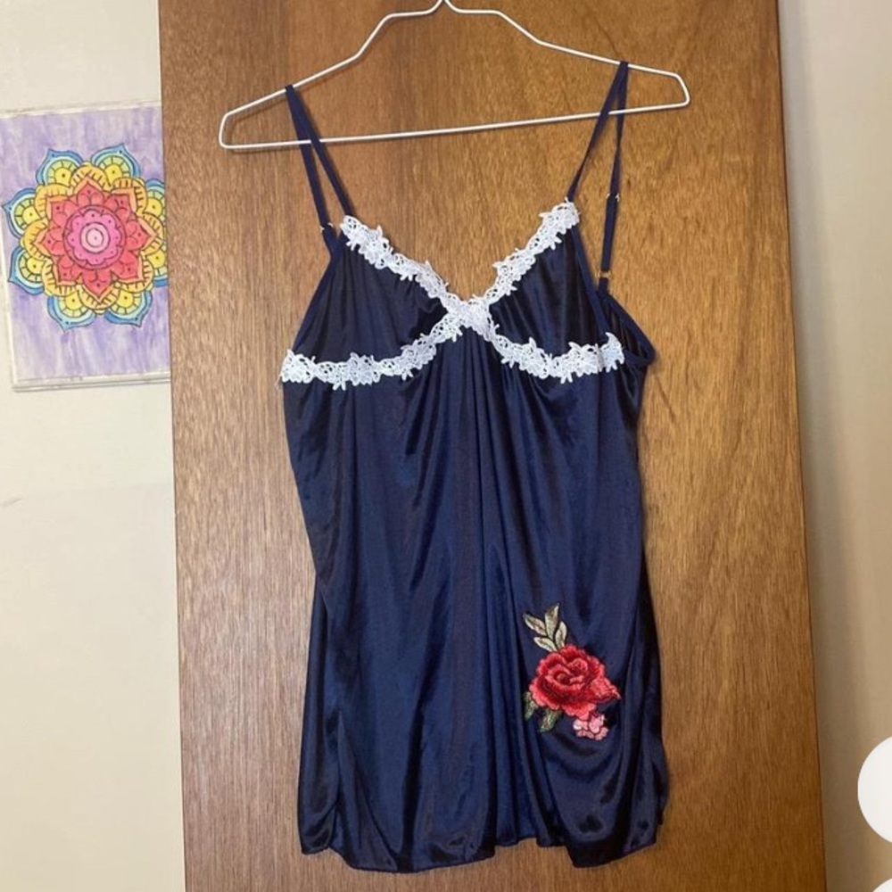 Navy satin tank top with white lace and rose details